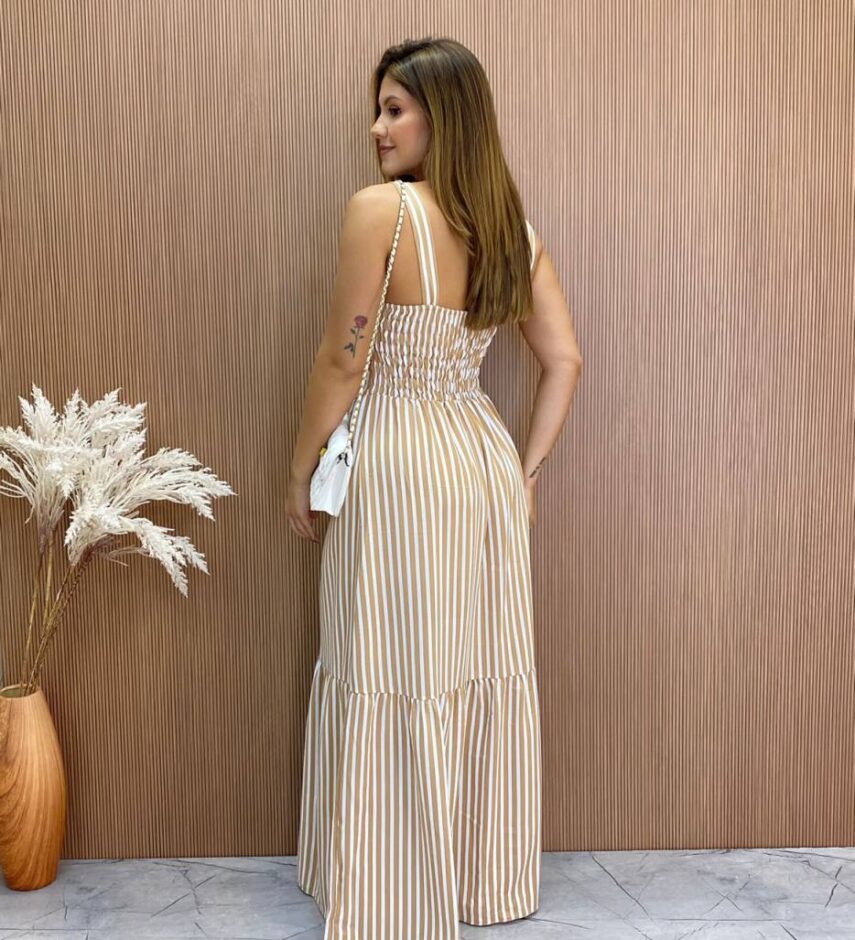Vestido Longo Fernanda com Bojo Listrado Bege - Fernanda Ramos Store