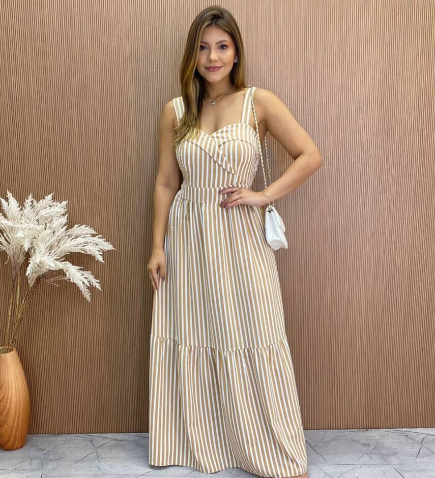 Vestido Longo Fernanda com Bojo Listrado Bege - Fernanda Ramos Store
