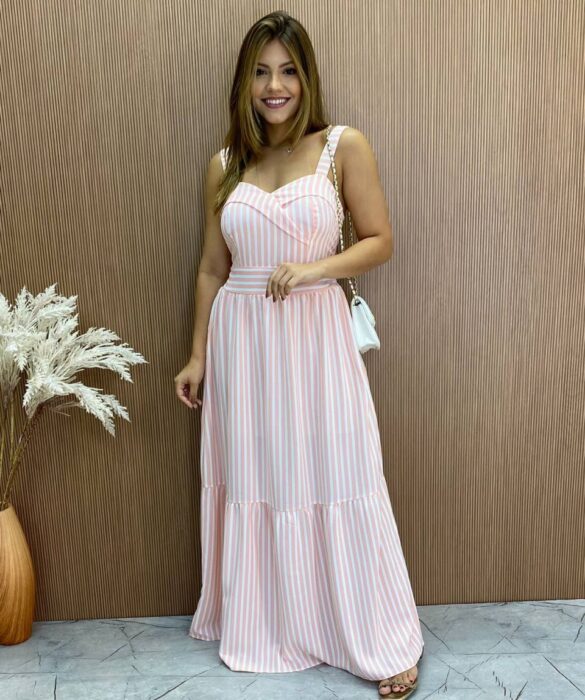 Vestido Longo Fernanda com Bojo Listrado Rosa - Fernanda Ramos Store