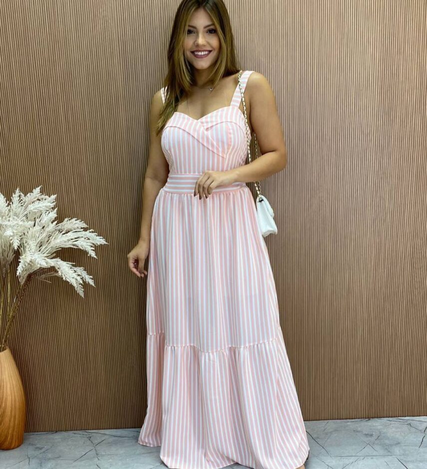Vestido Longo Fernanda com Bojo Listrado Rosa - Fernanda Ramos Store