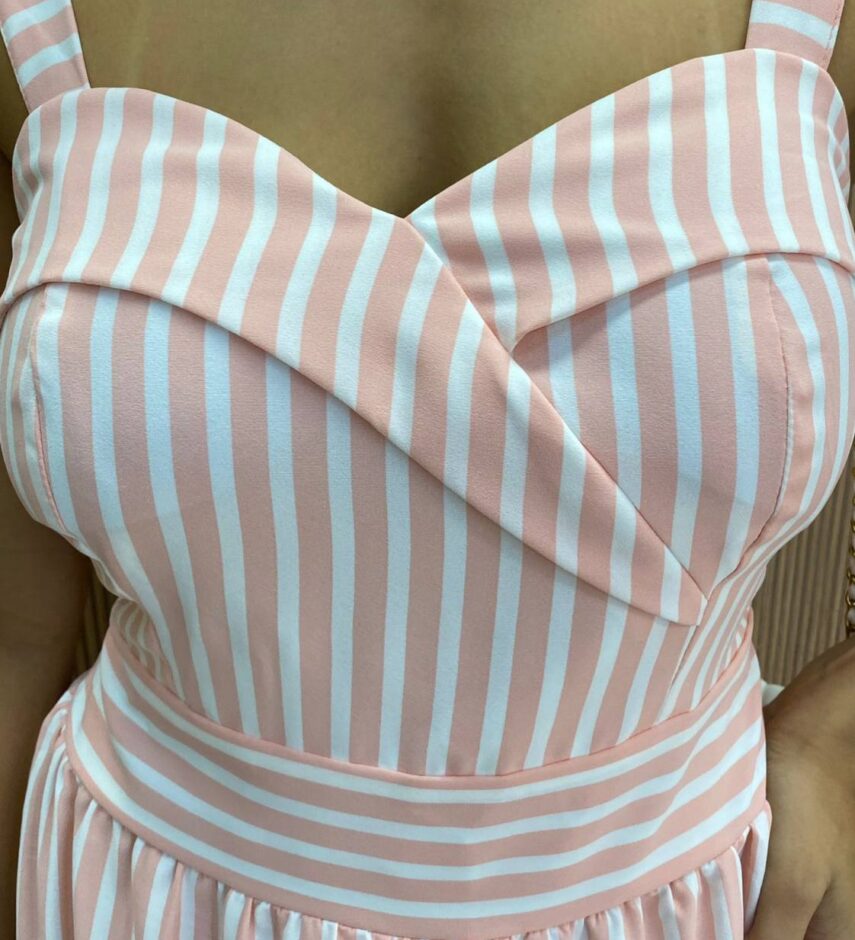 Vestido Longo Fernanda com Bojo Listrado Rosa - Fernanda Ramos Store