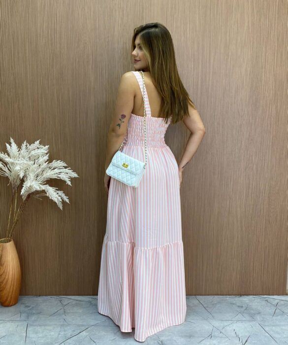 Vestido Longo Fernanda com Bojo Listrado Rosa - Fernanda Ramos Store