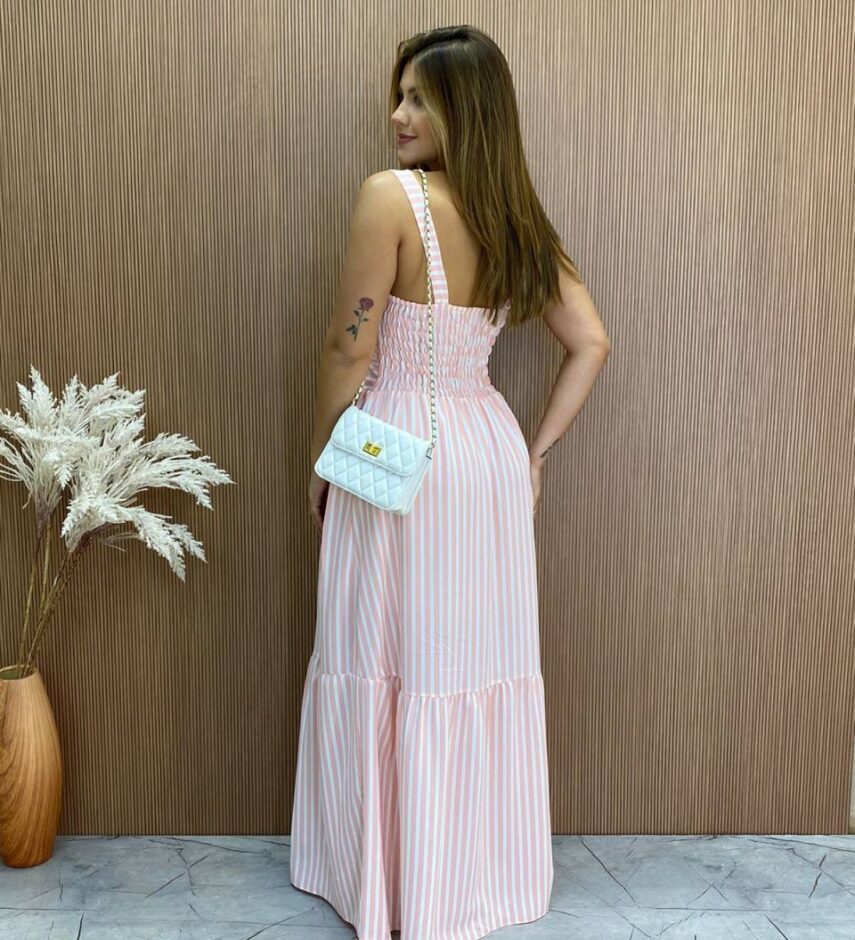 Vestido Longo Fernanda com Bojo Listrado Rosa - Fernanda Ramos Store
