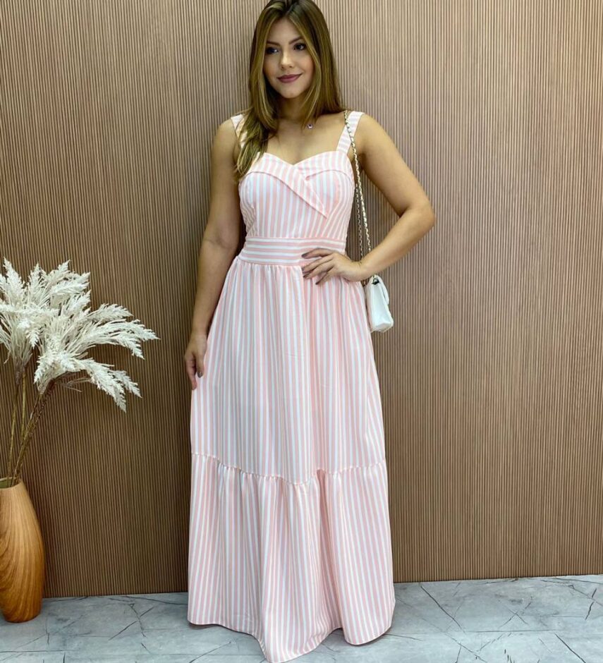 Vestido Longo Fernanda com Bojo Listrado Rosa - Fernanda Ramos Store