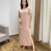 Vestido Longo Manga Curta sem Bojo de Malha Bege - Fernanda Ramos Store