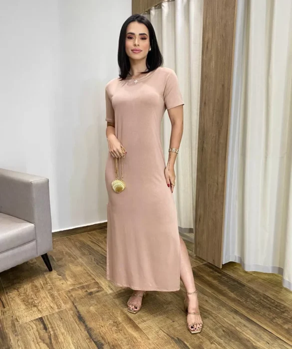 Vestido Longo Manga Curta sem Bojo de Malha Bege - Fernanda Ramos Store