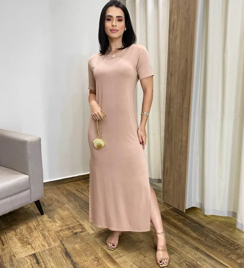 Vestido Longo Manga Curta sem Bojo de Malha Bege - Fernanda Ramos Store
