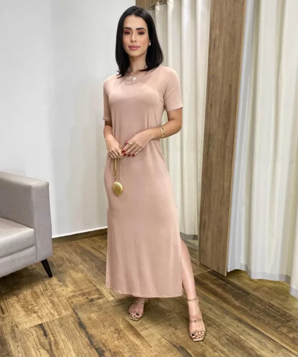 Vestido Longo Manga Curta sem Bojo de Malha Bege - Fernanda Ramos Store