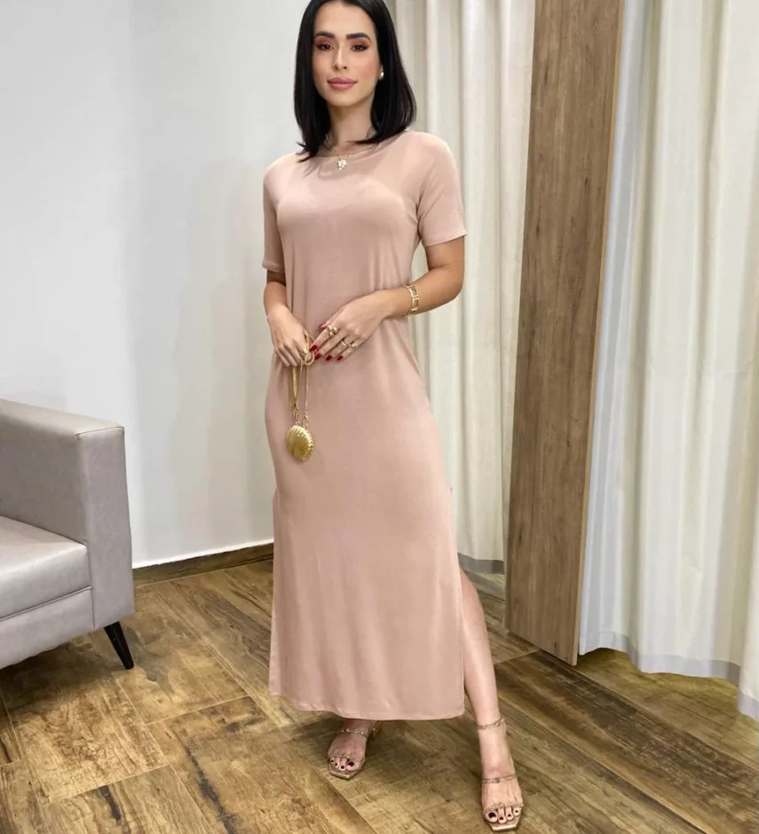 Vestido Longo Manga Curta sem Bojo de Malha Bege - Fernanda Ramos Store