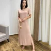 Vestido Longo Manga Curta sem Bojo de Malha Bege - Fernanda Ramos Store