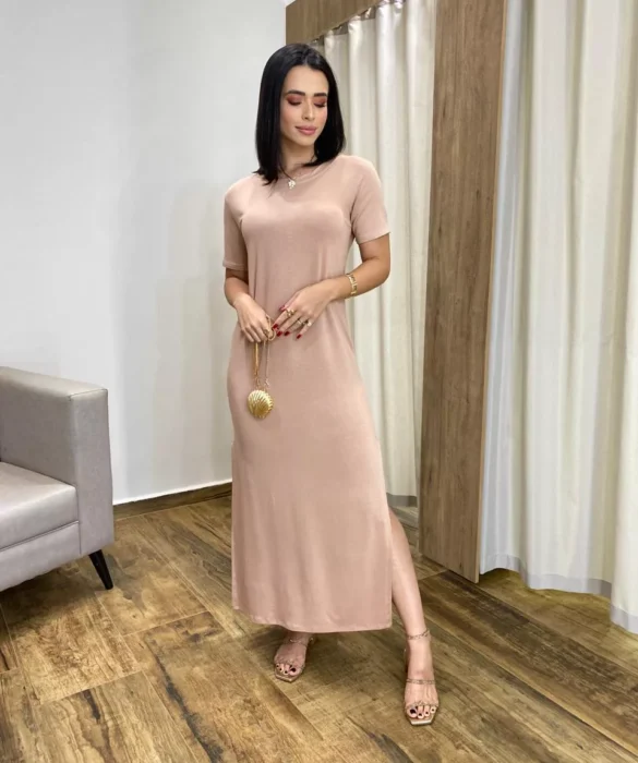 Vestido Longo Manga Curta sem Bojo de Malha Bege - Fernanda Ramos Store