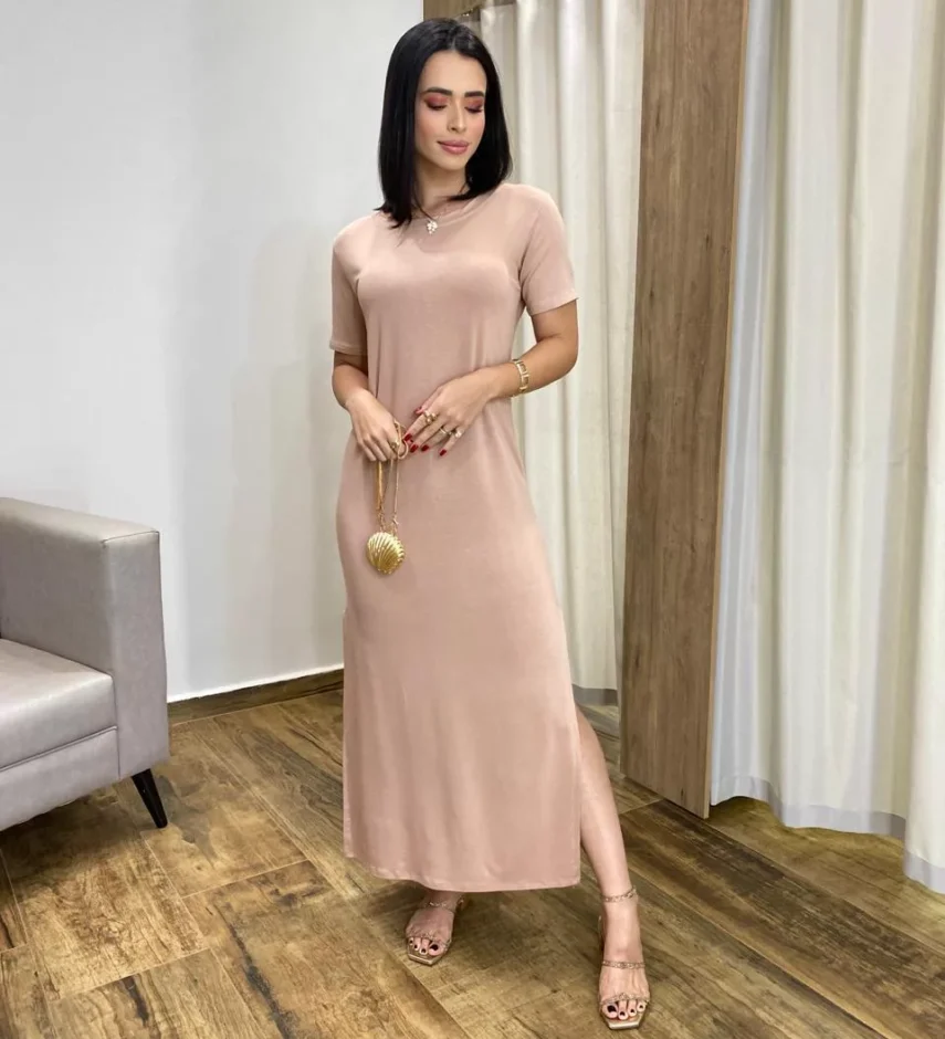 Vestido Longo Manga Curta sem Bojo de Malha Bege - Fernanda Ramos Store