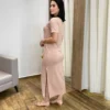 Vestido Longo Manga Curta sem Bojo de Malha Bege - Fernanda Ramos Store