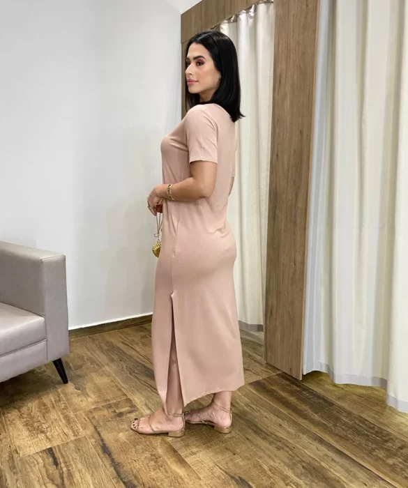 Vestido Longo Manga Curta sem Bojo de Malha Bege - Fernanda Ramos Store