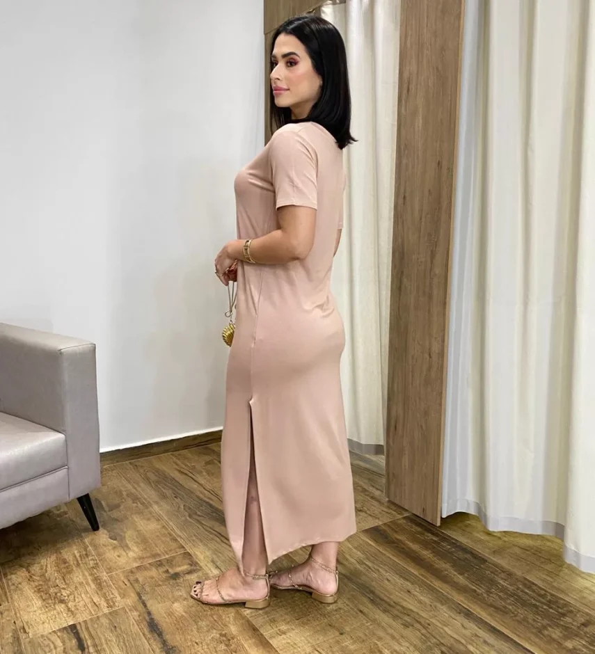 Vestido Longo Manga Curta sem Bojo de Malha Bege - Fernanda Ramos Store