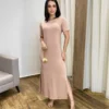 Vestido Longo Manga Curta sem Bojo de Malha Bege - Fernanda Ramos Store