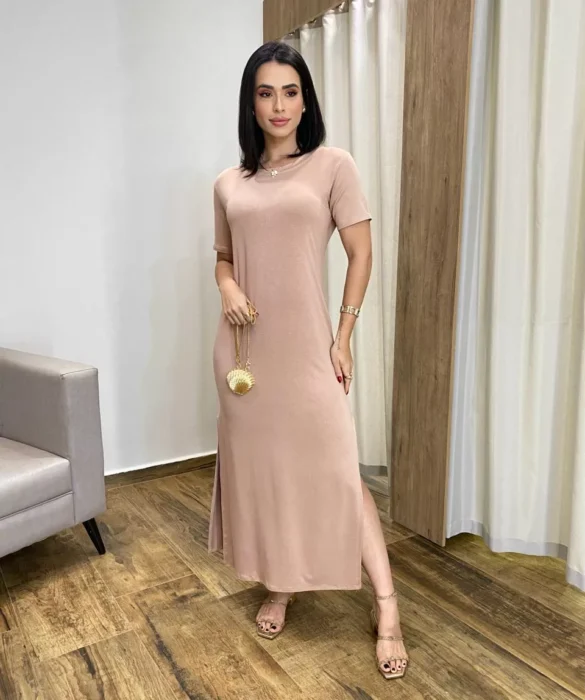 Vestido Longo Manga Curta sem Bojo de Malha Bege - Fernanda Ramos Store