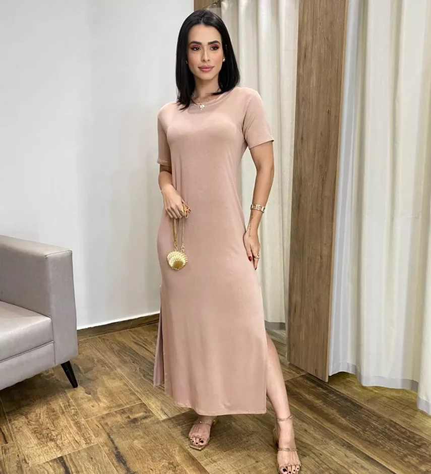 Vestido Longo Manga Curta sem Bojo de Malha Bege - Fernanda Ramos Store