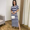 Vestido Longo Manga Curta sem Bojo de Malha Listrado Azul Marinho - Fernanda Ramos Store