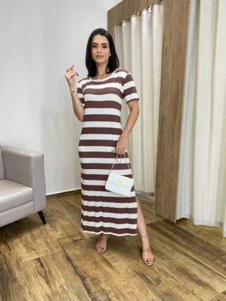 Vestido Longo Manga Curta sem Bojo de Malha Listrado Marrom - Fernanda Ramos Store