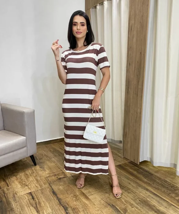 Vestido Longo Manga Curta sem Bojo de Malha Listrado Marrom - Fernanda Ramos Store