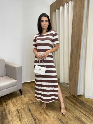 Vestido Longo Manga Curta sem Bojo de Malha Listrado Marrom - Fernanda Ramos Store