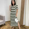 Vestido Longo Manga Curta sem Bojo de Malha Listrado Verde - Fernanda Ramos Store