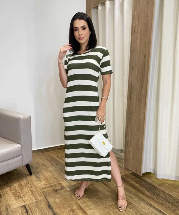 Vestido Longo Manga Curta sem Bojo de Malha Listrado Verde - Fernanda Ramos Store