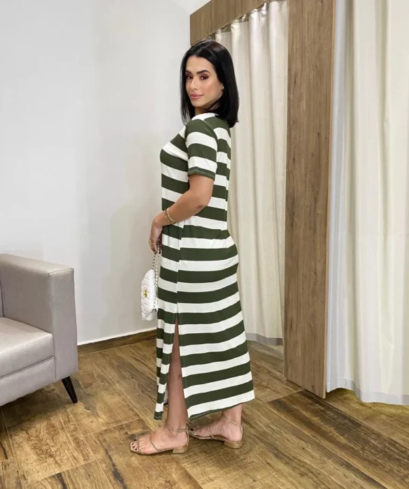 Vestido Longo Manga Curta sem Bojo de Malha Listrado Verde - Fernanda Ramos Store