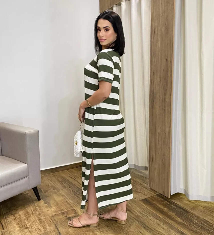 Vestido Longo Manga Curta sem Bojo de Malha Listrado Verde - Fernanda Ramos Store