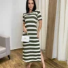 Vestido Longo Manga Curta sem Bojo de Malha Listrado Verde - Fernanda Ramos Store