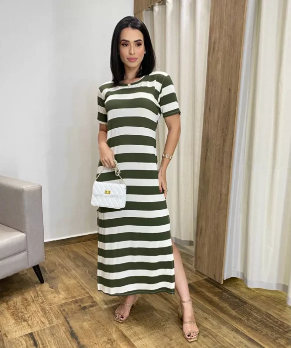 Vestido Longo Manga Curta sem Bojo de Malha Listrado Verde - Fernanda Ramos Store