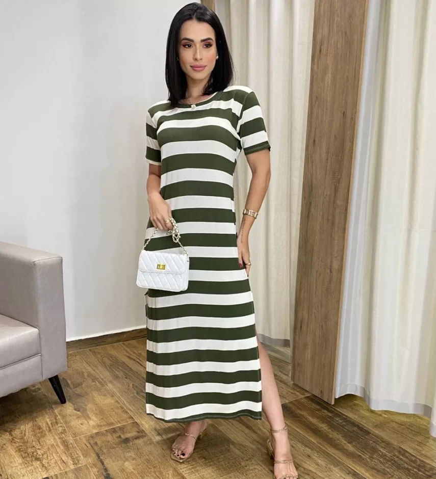 Vestido Longo Manga Curta sem Bojo de Malha Listrado Verde - Fernanda Ramos Store