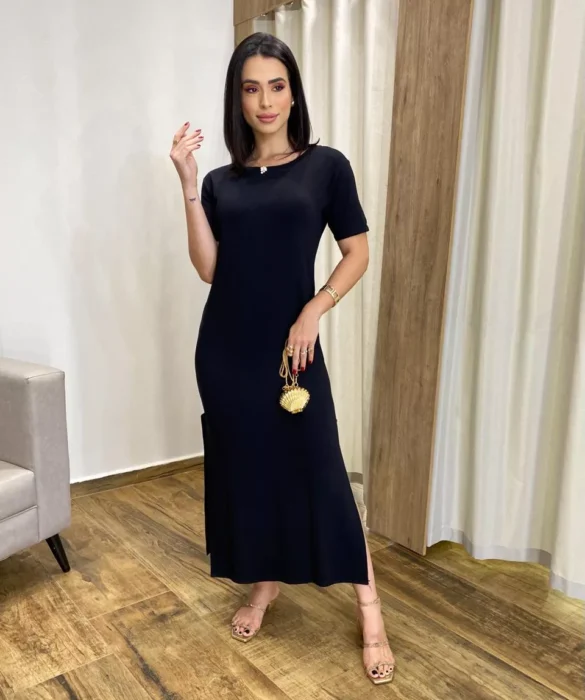 Vestido Longo Manga Curta sem Bojo de Malha Preto - Fernanda Ramos Store