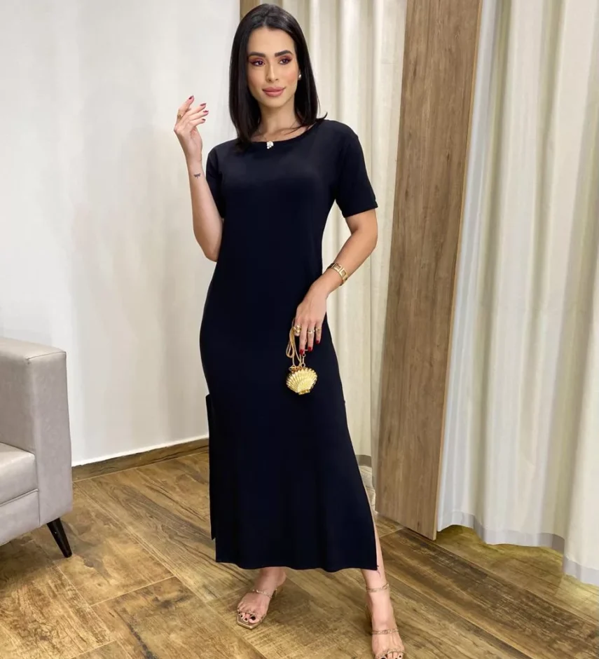 Vestido Longo Manga Curta sem Bojo de Malha Preto - Fernanda Ramos Store