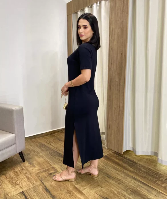 Vestido Longo Manga Curta sem Bojo de Malha Preto - Fernanda Ramos Store