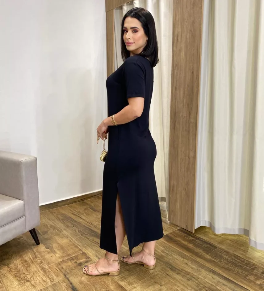 Vestido Longo Manga Curta sem Bojo de Malha Preto - Fernanda Ramos Store