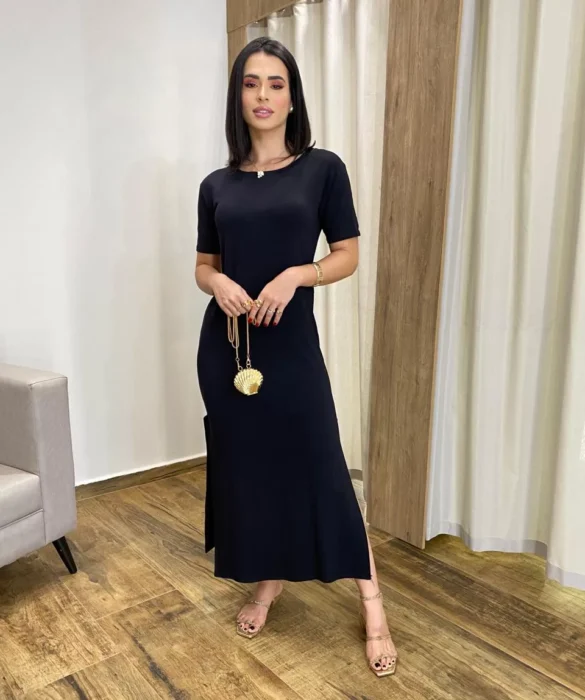 Vestido Longo Manga Curta sem Bojo de Malha Preto - Fernanda Ramos Store