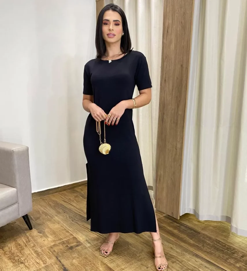 Vestido Longo Manga Curta sem Bojo de Malha Preto - Fernanda Ramos Store