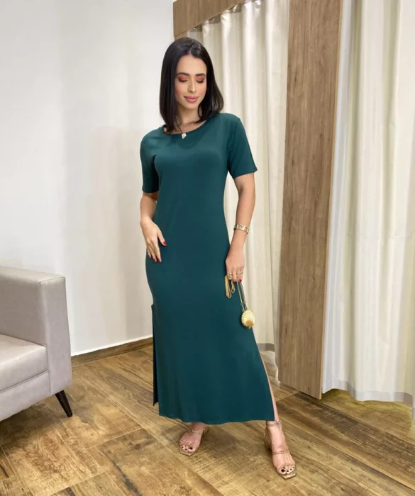 Vestido Longo Manga Curta sem Bojo de Malha Verde - Fernanda Ramos Store