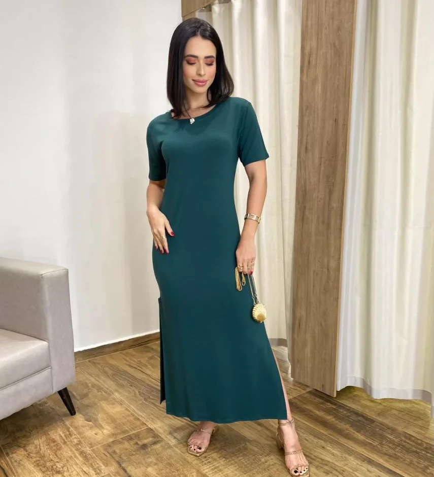 Vestido Longo Manga Curta sem Bojo de Malha Verde - Fernanda Ramos Store