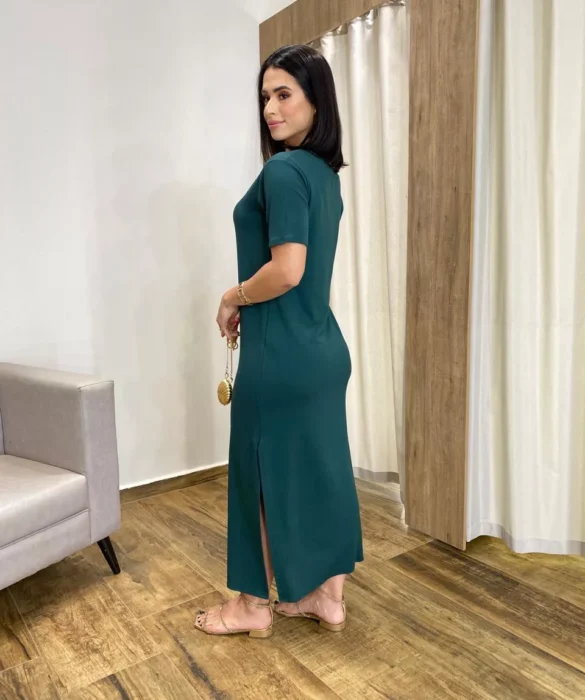 Vestido Longo Manga Curta sem Bojo de Malha Verde - Fernanda Ramos Store