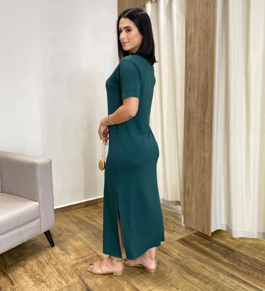 Vestido Longo Manga Curta sem Bojo de Malha Verde - Fernanda Ramos Store