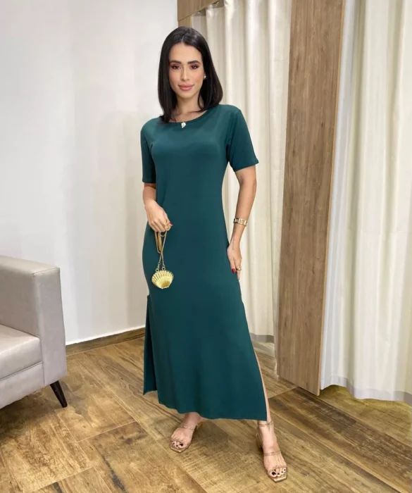 Vestido Longo Manga Curta sem Bojo de Malha Verde - Fernanda Ramos Store