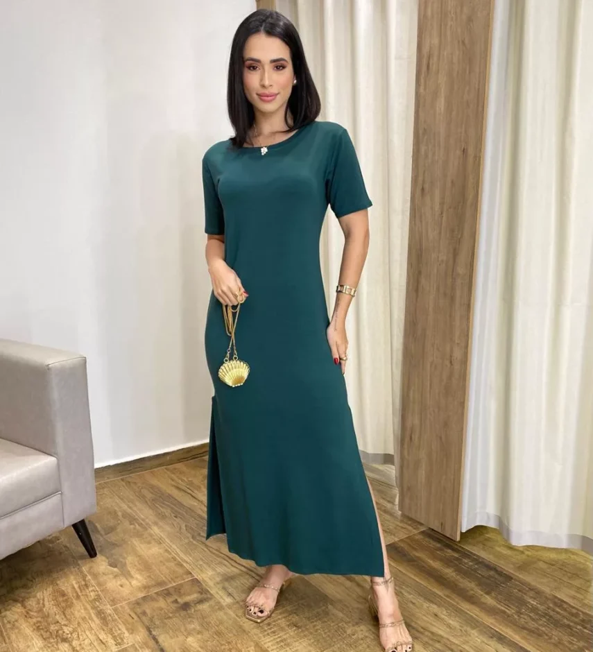 Vestido Longo Manga Curta sem Bojo de Malha Verde - Fernanda Ramos Store