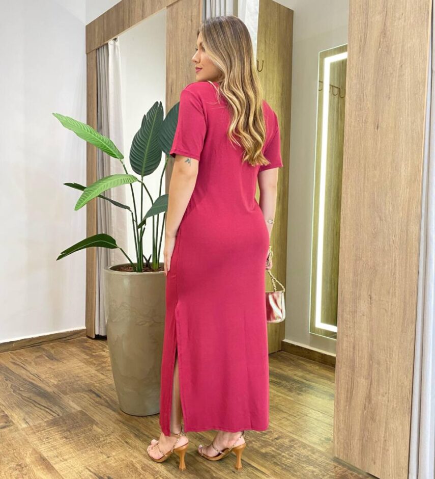 Vestido Longo Manga Curta sem Bojo de Malha Vinho - Fernanda Ramos Store