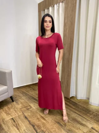 Vestido Longo Manga Curta sem Bojo de Malha Vinho - Fernanda Ramos Store