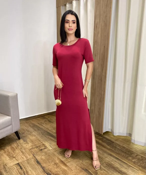 Vestido Longo Manga Curta sem Bojo de Malha Vinho - Fernanda Ramos Store