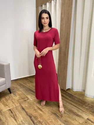 Vestido Longo Manga Curta sem Bojo de Malha Vinho - Fernanda Ramos Store