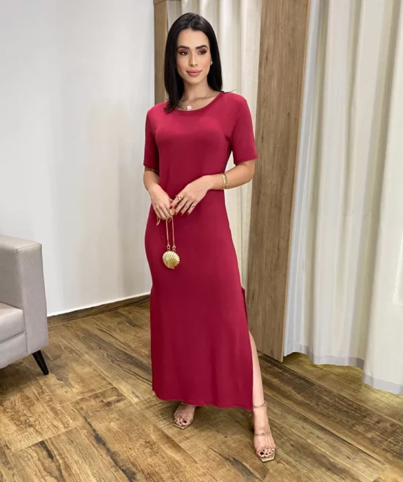 Vestido Longo Manga Curta sem Bojo de Malha Vinho - Fernanda Ramos Store